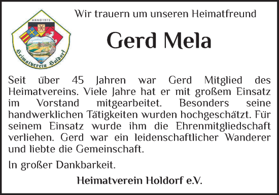 Anzeige von Gerhard Mela von OM-Medien
