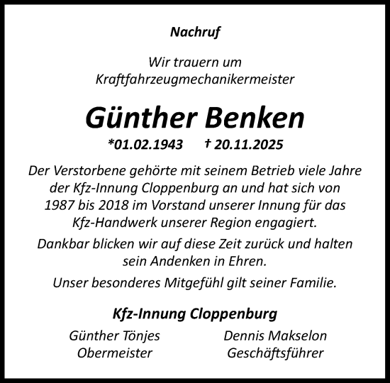 Anzeige von Günther Benken von OM-Medien
