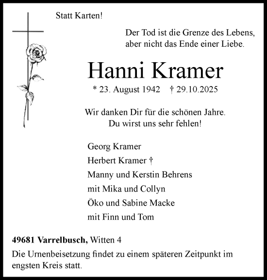 Anzeige von Hanni Kramer von OM-Medien