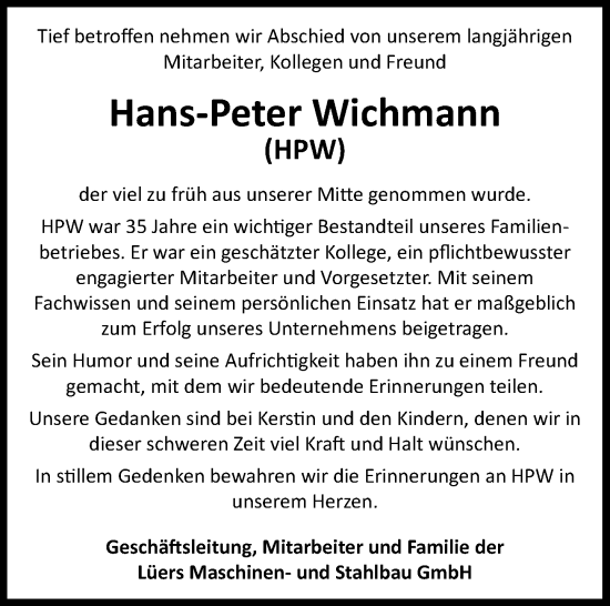 Anzeige von Hans-Peter Wichmann von OM-Medien