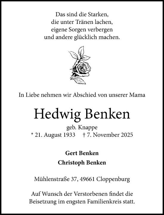Anzeige von Hedwig Benken von OM-Medien