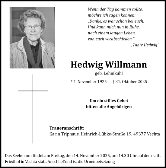 Anzeige von Hedwig Willmann von OM-Medien
