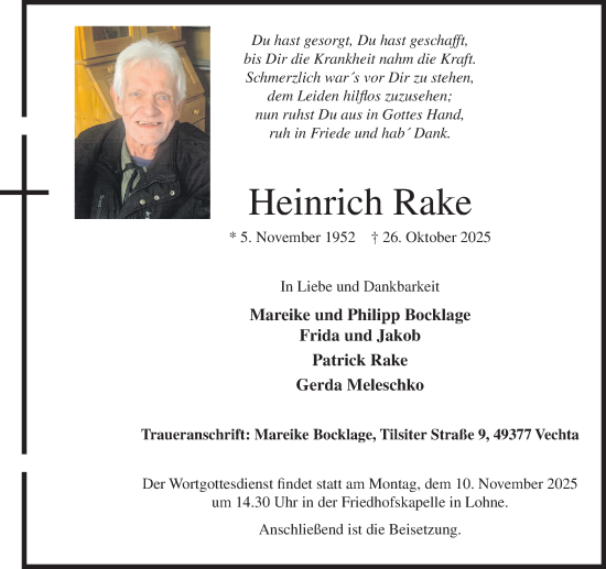 Anzeige von Heinrich Rake von OM-Medien