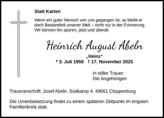 Anzeige von Heinrich August Abeln von OM-Medien