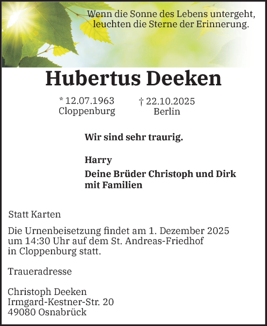 Anzeige von Hubertus Deeken von OM-Medien