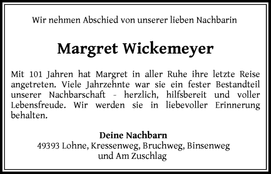 Anzeige von Margret Wickemeyer von OM-Medien
