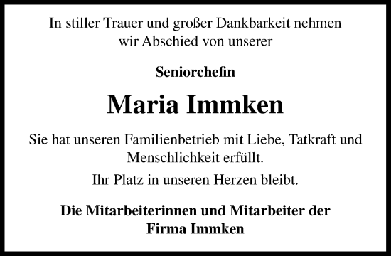 Anzeige von Maria Immken von OM-Medien