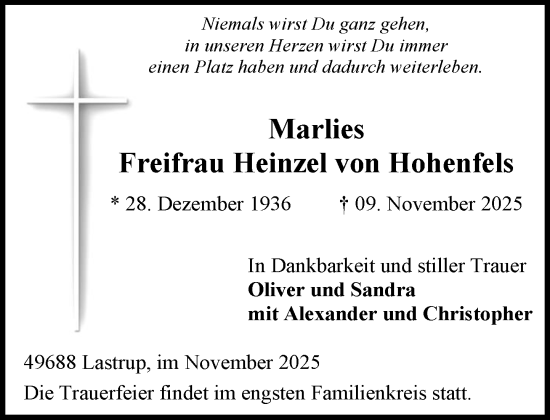Anzeige von Marlies Freifrau Heinzel von Hohenfels von OM-Medien