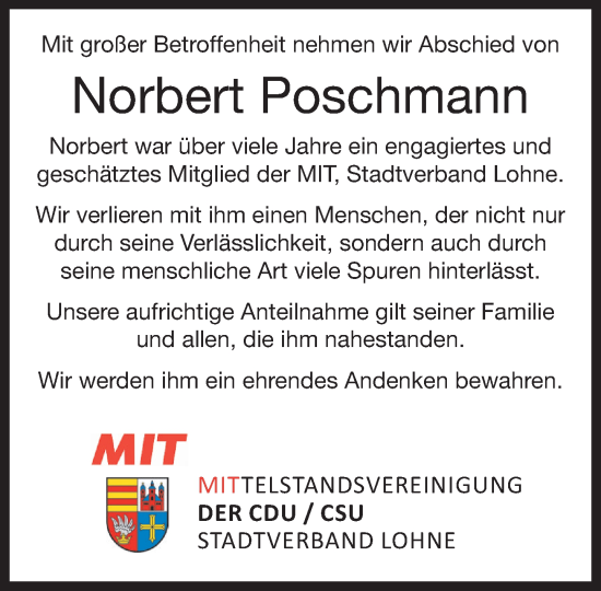 Anzeige von Norbert Poschmann von OM-Medien