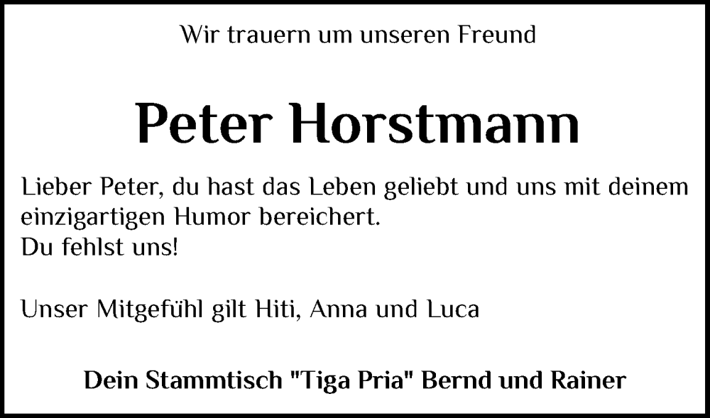  Traueranzeige für Peter Horstmann vom 12.11.2025 aus OM-Medien