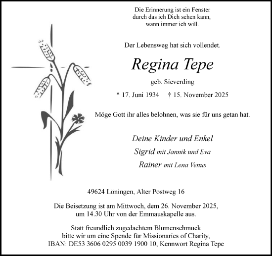 Anzeige von Regina Tepe von OM-Medien