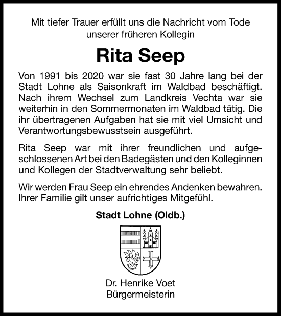 Anzeige von Rita Seep von OM-Medien