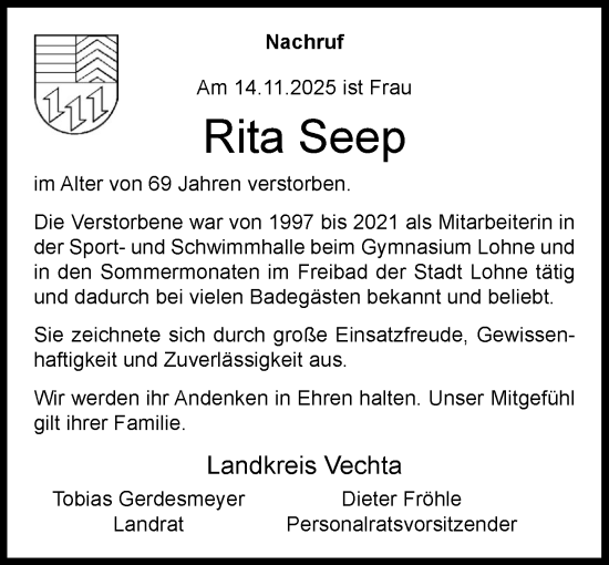 Anzeige von Rita Seep von OM-Medien