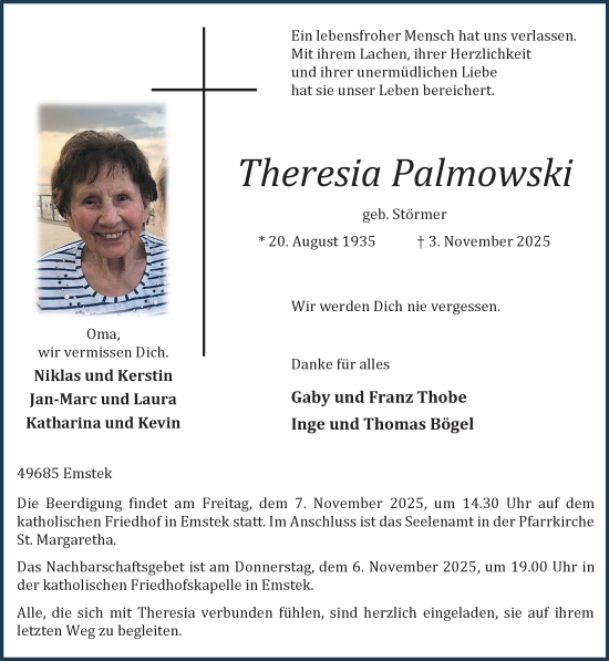 Anzeige von Theresia Palmowski von OM-Medien