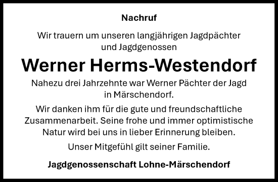 Anzeige von Werner Herms-Westendorf von OM-Medien