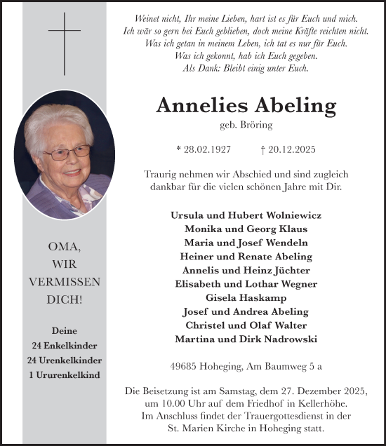 Anzeige von Annelies Abeling von OM-Medien