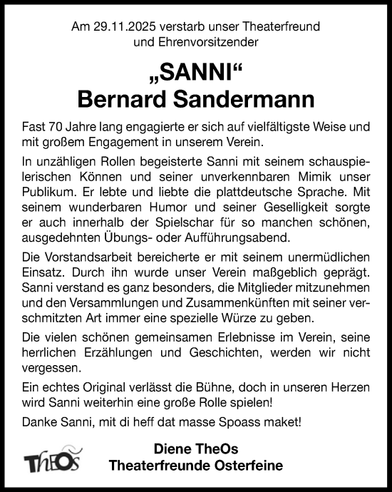 Anzeige von Bernard Sandermann von OM-Medien