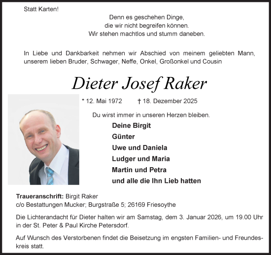 Anzeige von Dieter Josef Raker von OM-Medien