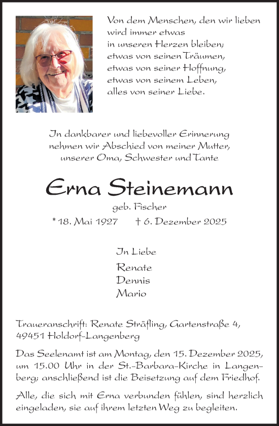 Anzeige von Erna Steinemann von OM-Medien