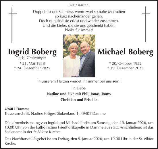 Anzeige von Ingrid u. Michael Boberg von OM Medien