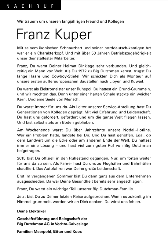 Anzeige von Franz Kuper von OM-Medien