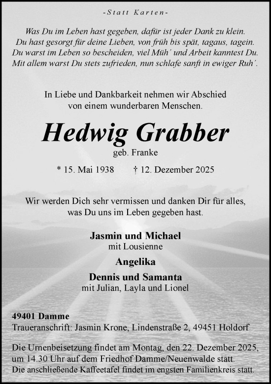 Anzeige von Hedwig Grabber von OM-Medien