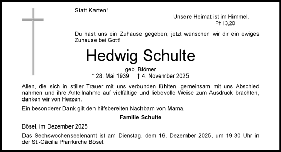 Anzeige von Hedwig Schulte von OM-Medien