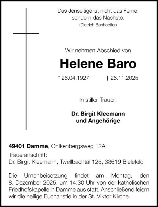 Anzeige von Helene Baro von OM-Medien