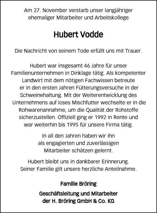 Anzeige von Hubert Vodde von OM-Medien
