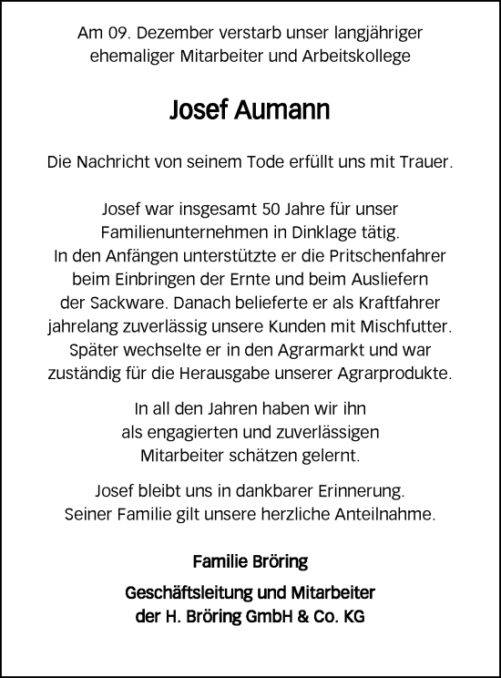 Anzeige von Josef Aumann von OM-Medien