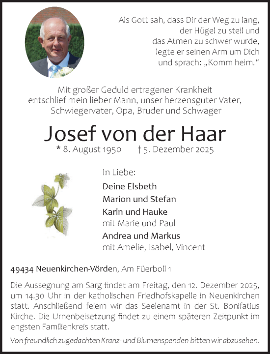 Anzeige von Josef von der Haar von OM-Medien