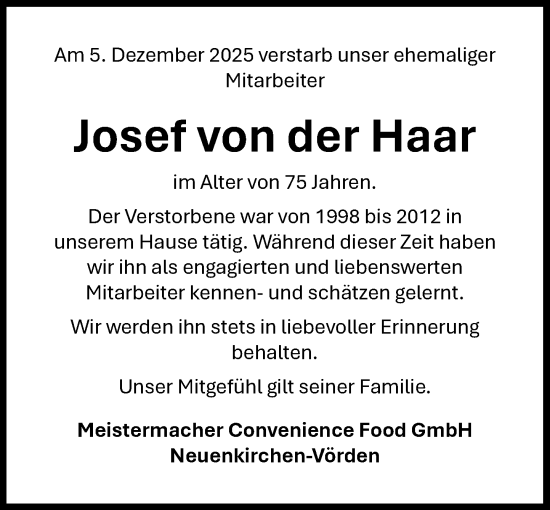 Anzeige von Josef von der Haar von OM-Medien