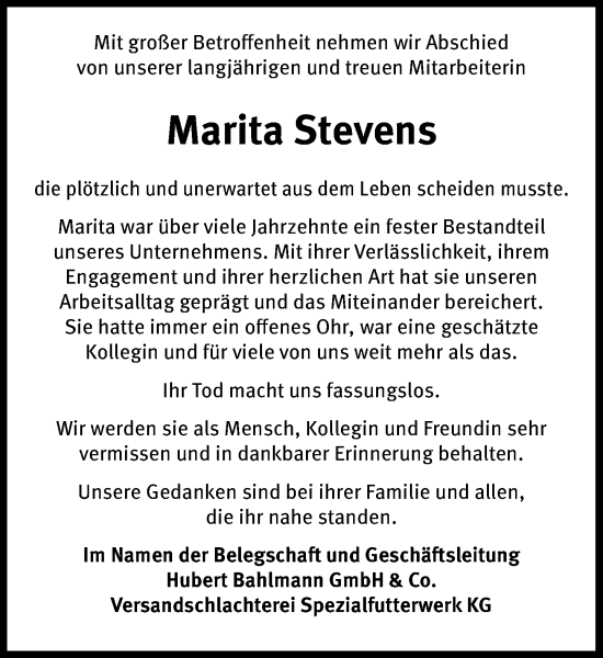 Anzeige von Marita Stevens von OM-Medien