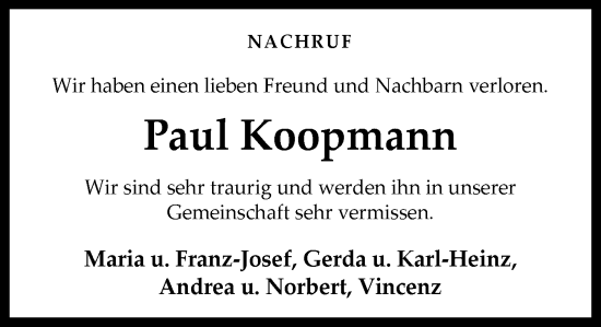 Anzeige von Paul Koopmann von OM-Medien