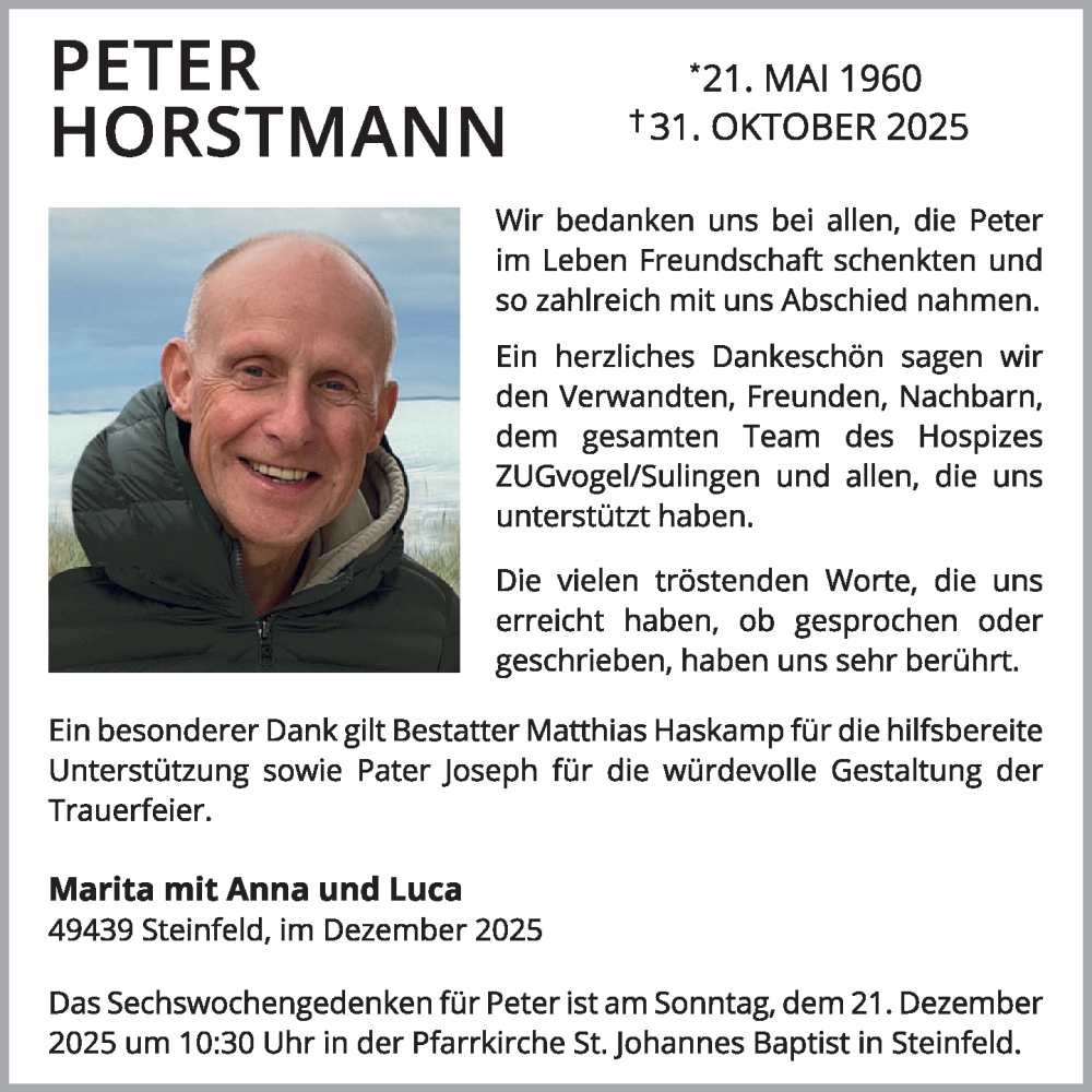  Traueranzeige für Peter Horstmann vom 13.12.2025 aus OM-Medien