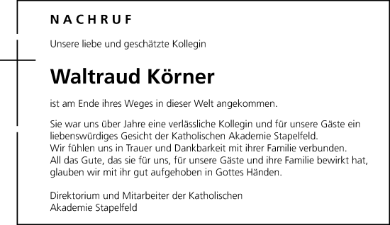 Anzeige von Waltraud Körner von OM-Medien