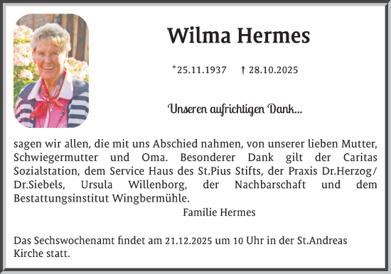 Anzeige von Wilma Hermes von OM-Medien