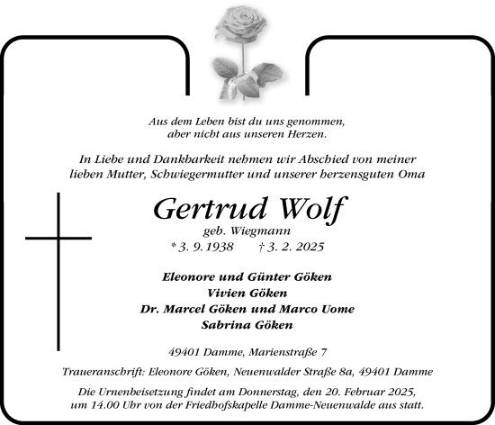 Anzeige von Gertrud Wolf  von OM-Medien