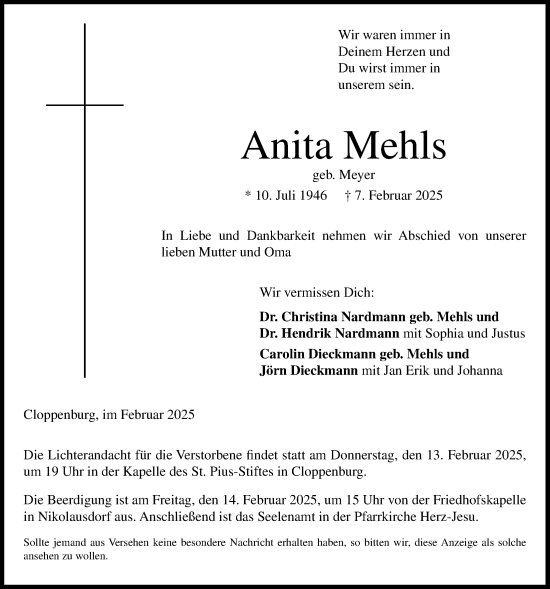 Anzeige von Anita Mehls von OM-Medien
