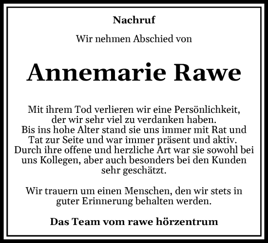 Anzeige von Annemarie Rawe von OM-Medien