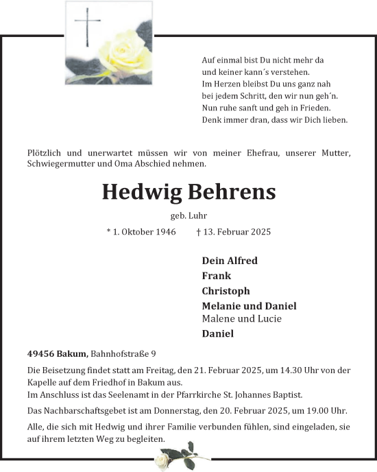 Anzeige von Hedwig Behrens  von OM-Medien