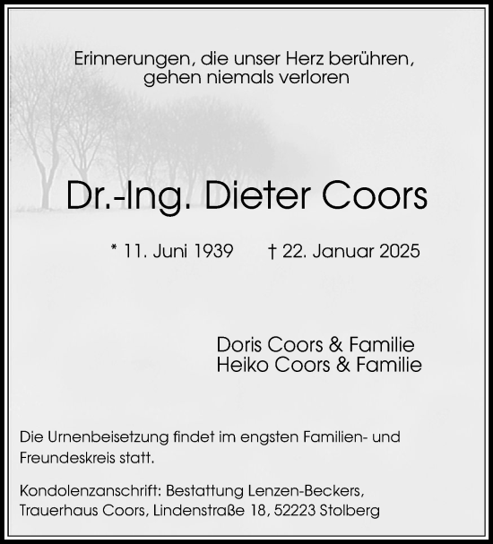 Anzeige von Dieter Coors von OM-Medien