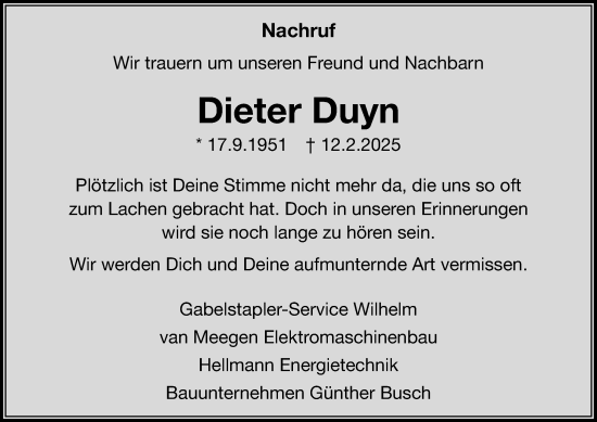 Anzeige von Dieter Duyn von OM-Medien