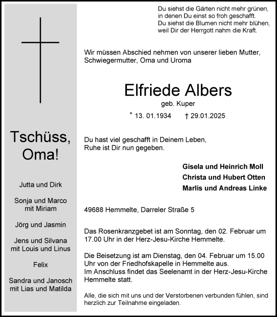Anzeige von Elfriede Albers von OM-Medien