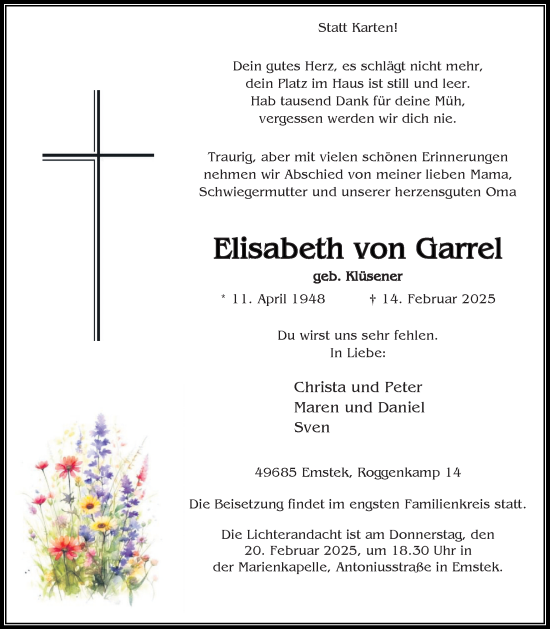 Anzeige von Elisabeth von Garrel von OM-Medien