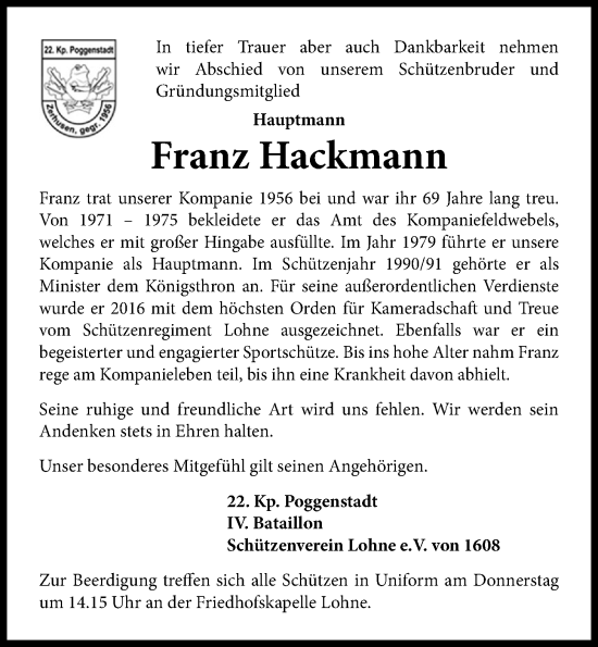 Anzeige von Franz Hackmann von OM-Medien