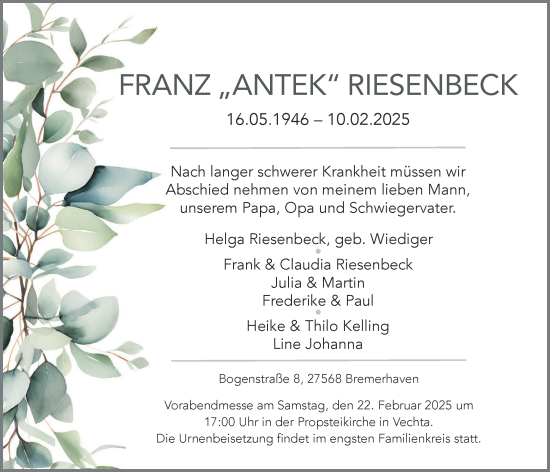 Anzeige von Franz Riesenbeck von OM-Medien