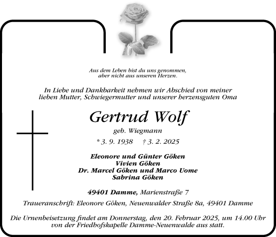 Anzeige von Gertrud Wolf von OM-Medien