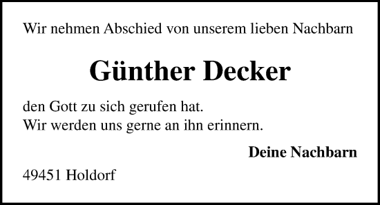 Anzeige von Günther Decker von OM-Medien