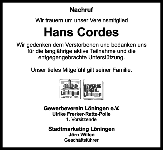 Anzeige von Hans Cordes von OM-Medien